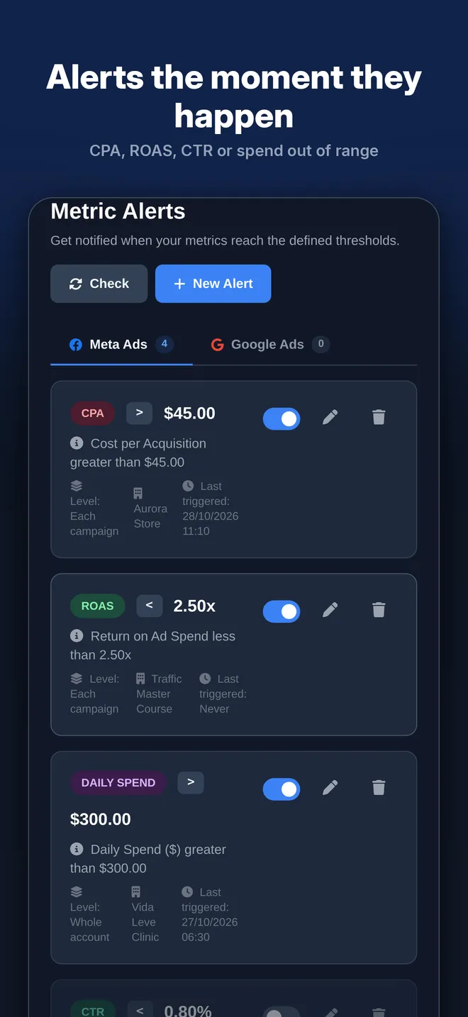Ads Editor app on iPhone: balance and sales alerts