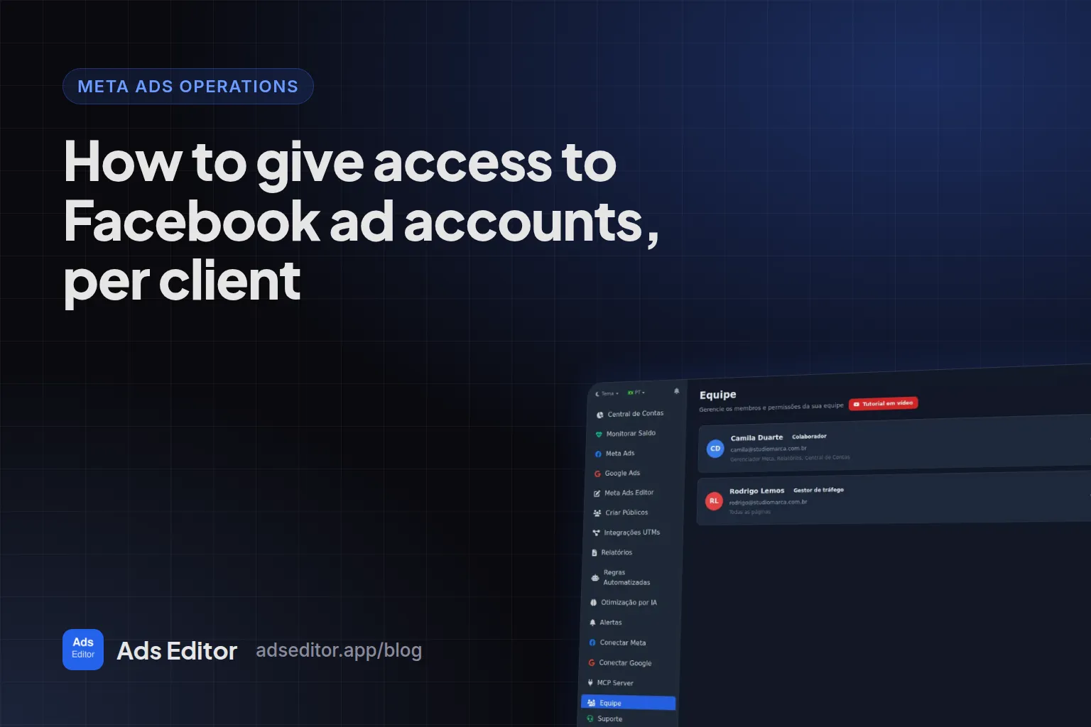 Team permissions screen limiting each member to specific Meta and Google ad accounts