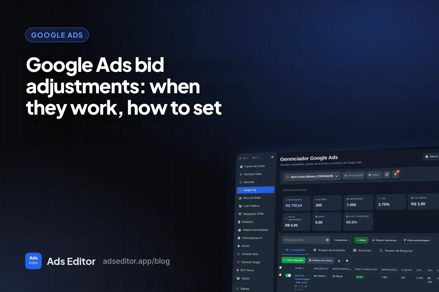 Google Ads bid adjustments: Ads Editor Google manager with campaigns and segment performance