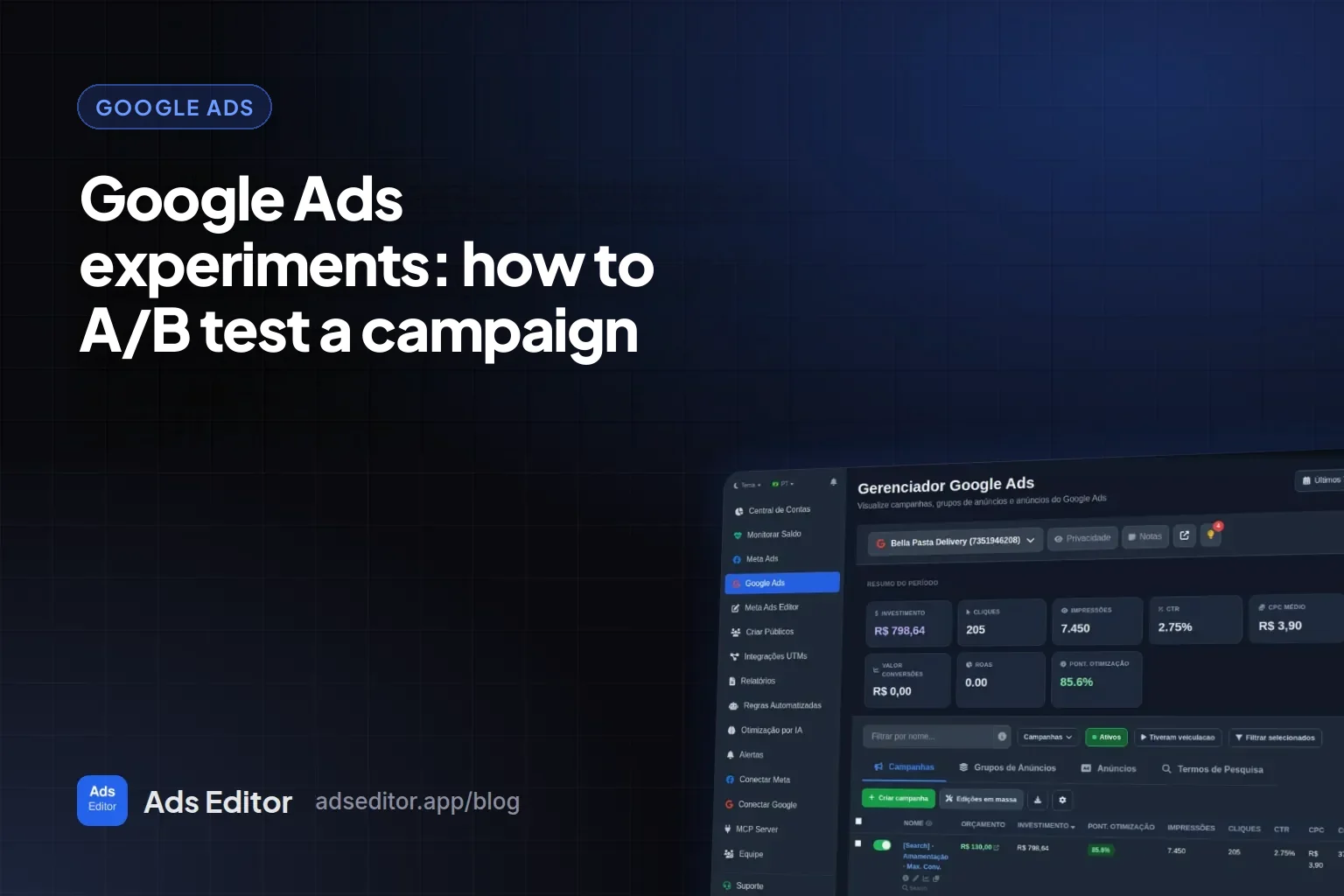 Google Ads experiments: Ads Editor Google manager with an original campaign and its A/B trial