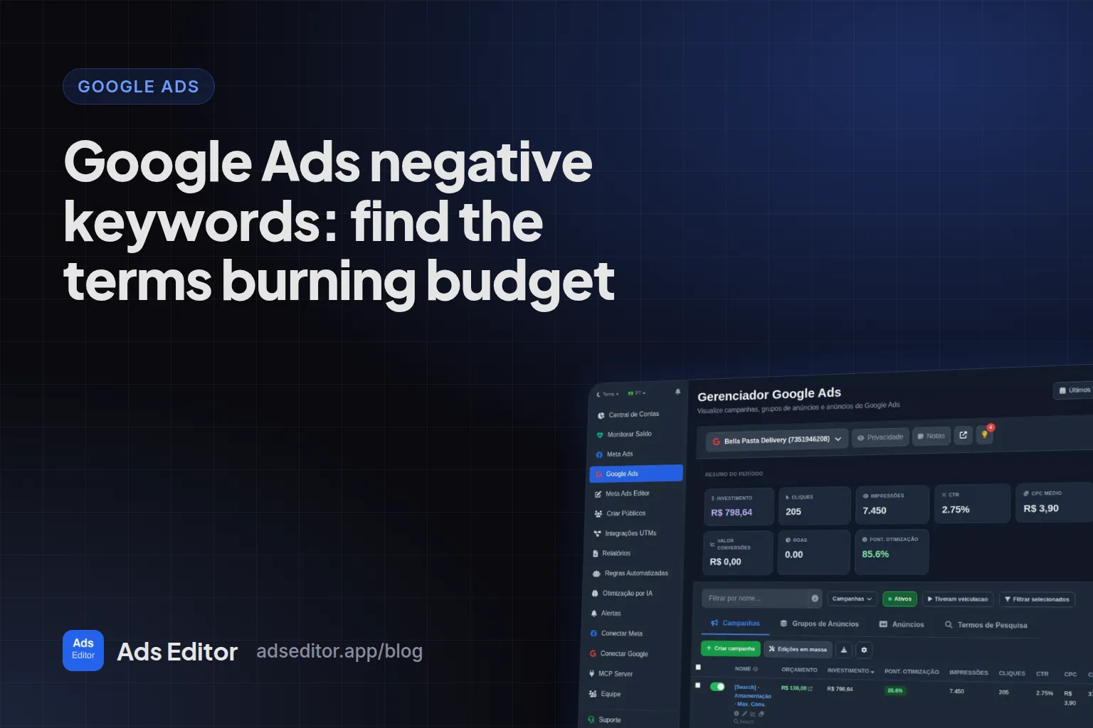 Google Ads search terms report with negative keyword actions by match type and level