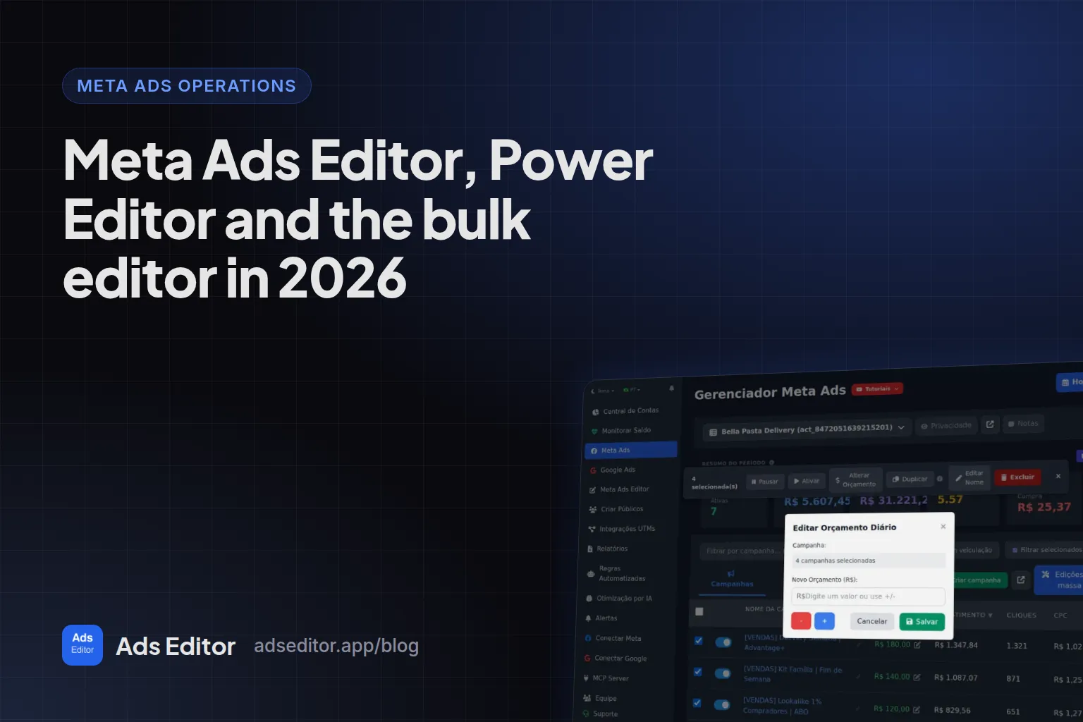 Meta Ads Editor screen for bulk editing Facebook ads across ad accounts