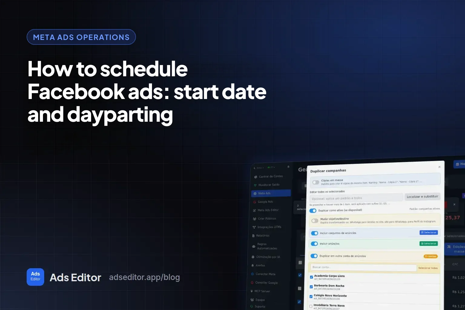 Schedule Facebook ads: Ads Editor duplicate modal with a scheduled start for the copy
