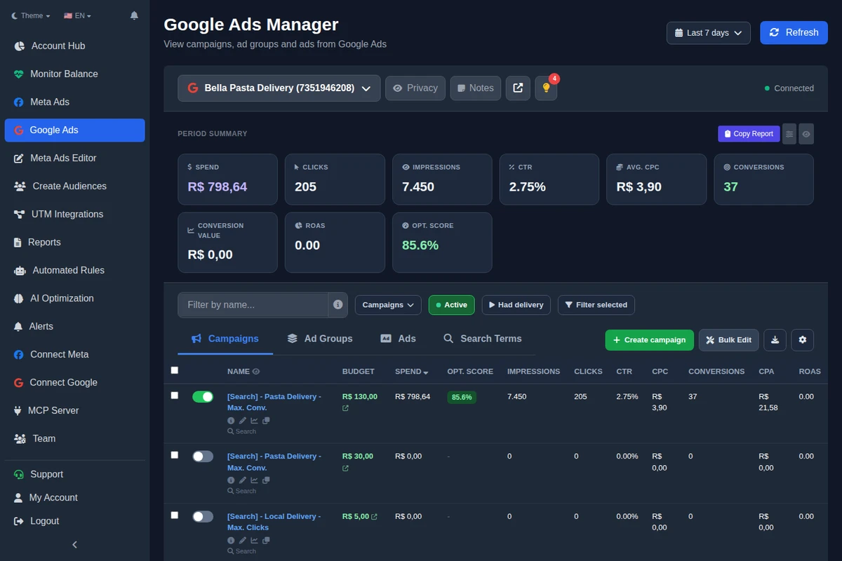 Ads Editor Google Ads manager with an optimization score column for each campaign