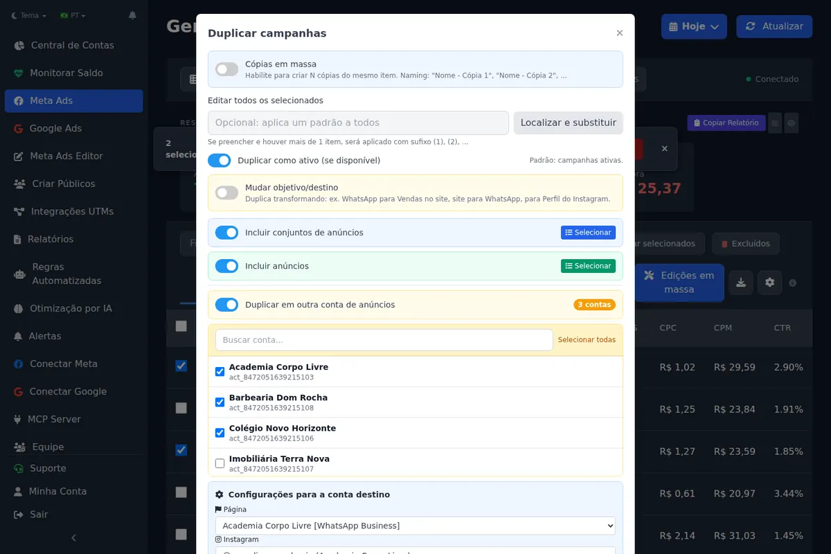 Duplicate to another ad account with destination Page, pixel and WhatsApp settings