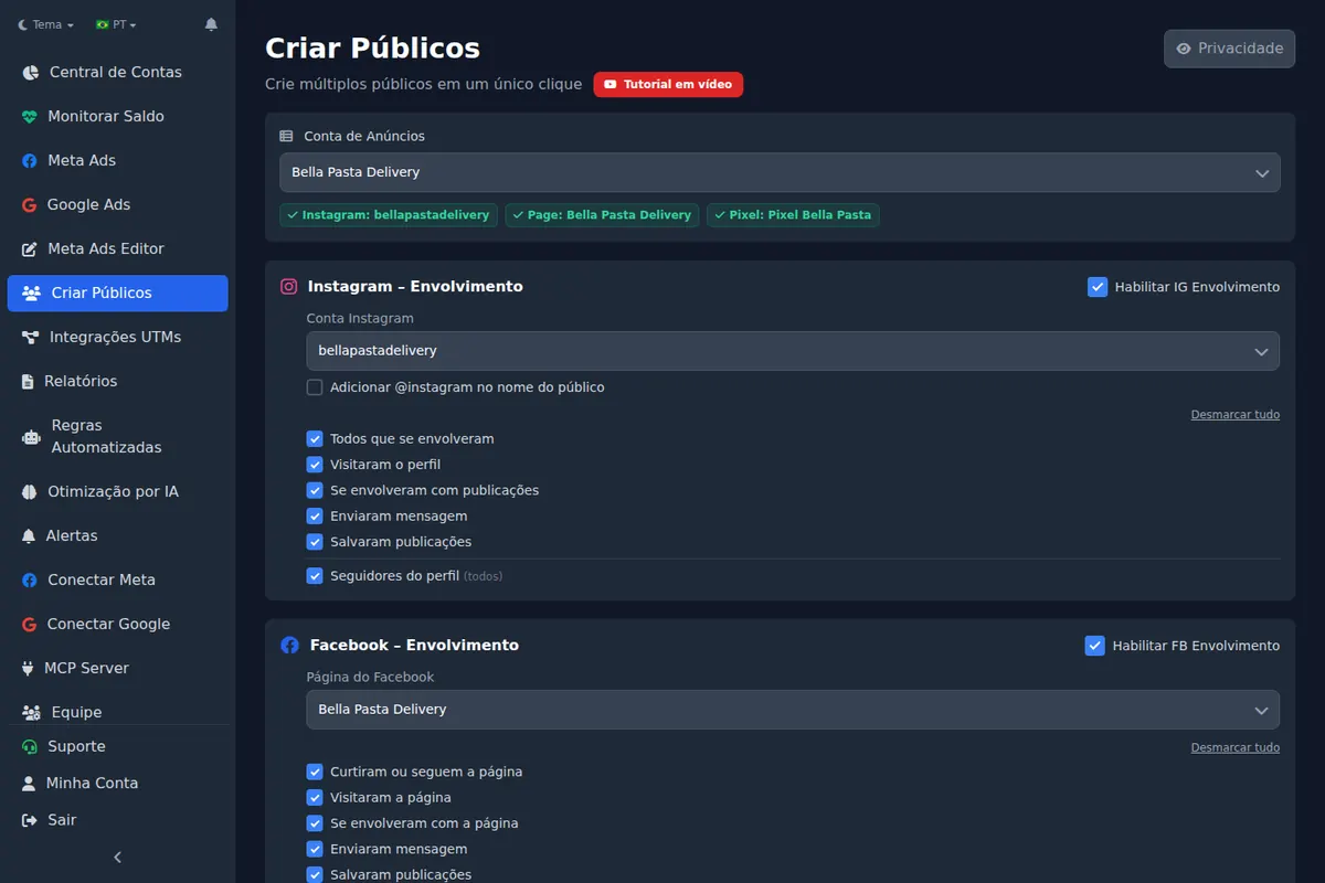 Ads Editor Audiences screen with custom audiences created in a Meta ad account